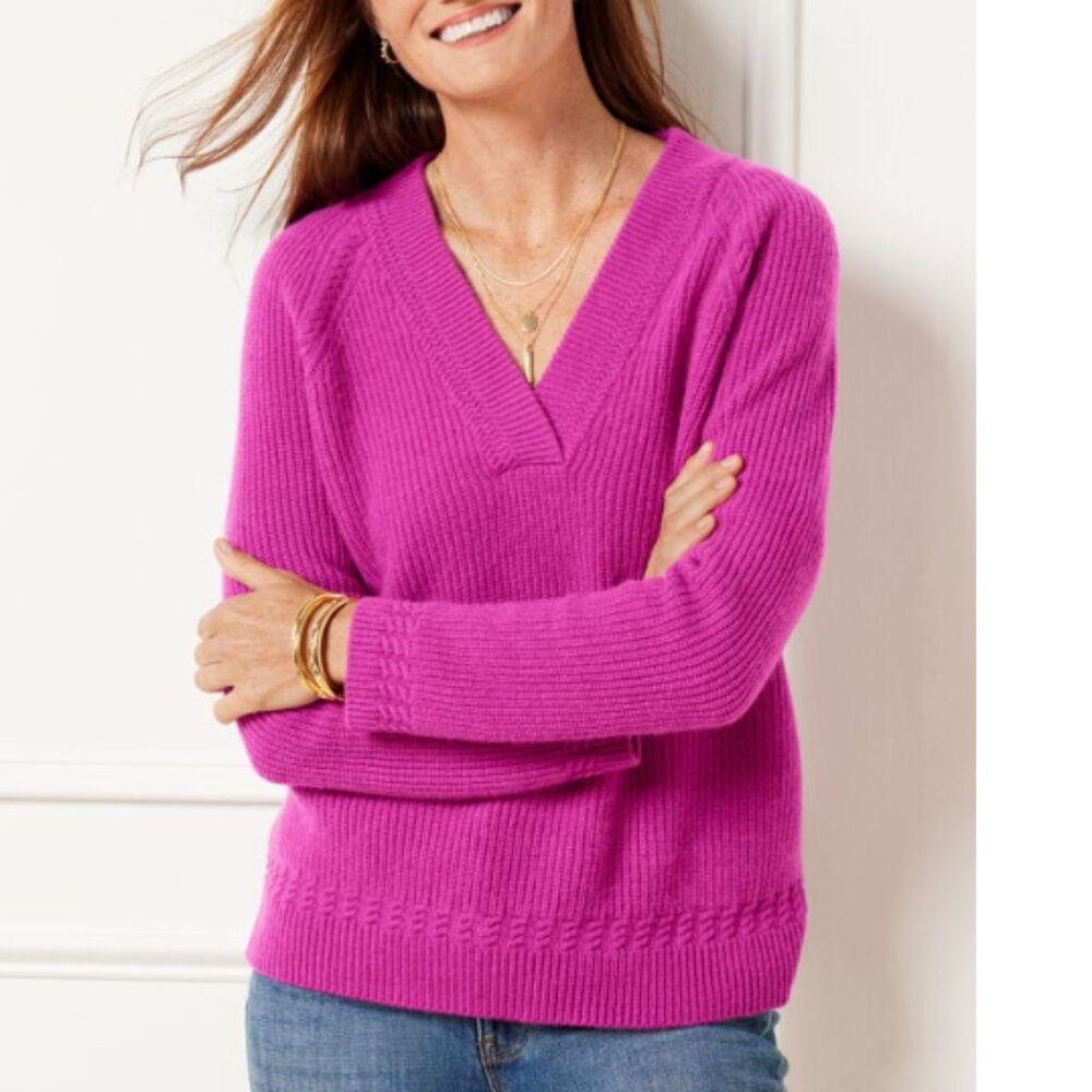 Talbots Women's V-Neck 100% Cashmere Sweater in Vibrant Pink 2X NWT